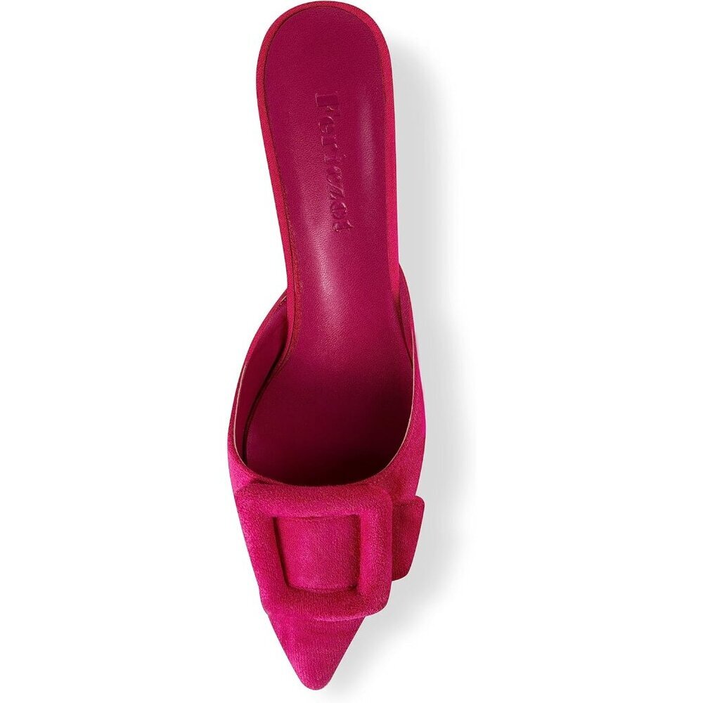 Women's Hot Pink Mule Slingback Buckle Pumps Pointed Toe Kitten Heels Shoe - Picture 3 of 5
